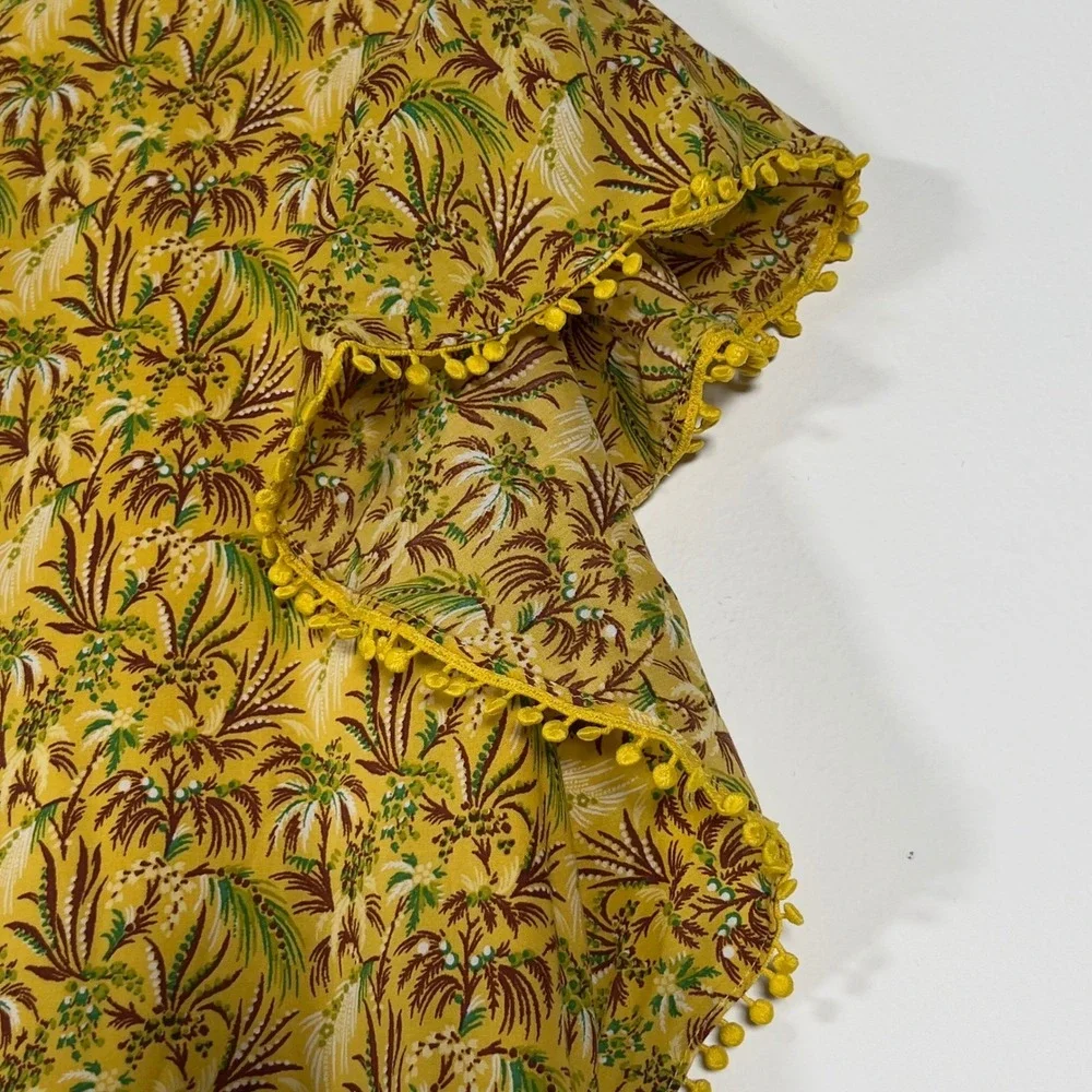 Ann Taylor Yellow Tropical Palm Print Maxi Dress Flutter Sleeve Pom‎ Pom Medium